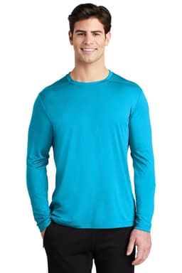 A man wearing a bright blue long sleeve tee, featuring a simple design and a logo on the chest.