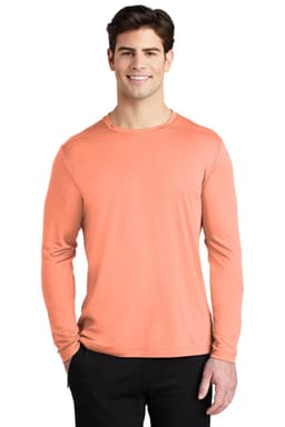 A long sleeve tee in a soft coral colour, featuring a branding logo on the front.