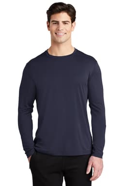 A navy long sleeve tee with a sleek design and a logo on the chest, modelled by a male figure.