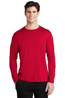 A long sleeve red T-shirt featuring a crew neck and a logo on the chest. Suitable for sports and casual wear.