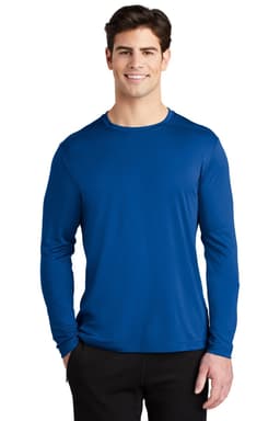 A long sleeve t-shirt in vibrant blue, featuring a crew neck and slim fit design. It has a logo on the chest.