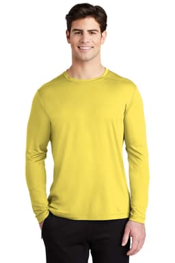 A long sleeve t-shirt in bright yellow, featuring a logo, displayed on a male model.