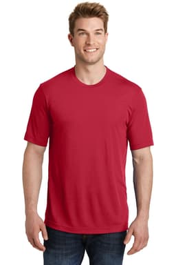 A man wearing a red Sport-Tek PosiCharge Competitor Cotton Touch Tee, featuring short sleeves and a logo.
