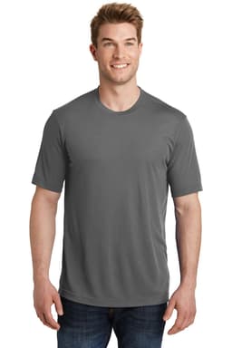 A model wearing a grey Sport-Tek PosiCharge Competitor Cotton Touch Tee, featuring a simple design and short sleeves.