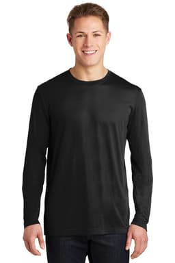 A black long sleeve t-shirt featuring a fitted design and a branding logo. Suitable for casual wear.