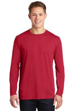 A long sleeve red t-shirt featuring a crew neck and a logo, displayed on a smiling model.