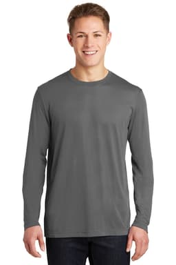 A long sleeve t-shirt in grey, featuring a round neckline and a simple design, with a logo present.