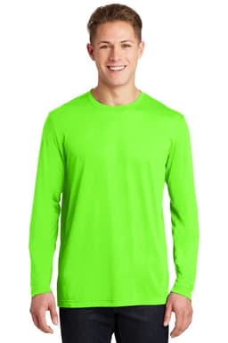 A long sleeve bright green t-shirt made of PosiCharge cotton fabric, featuring a logo.