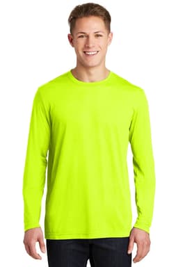 A long sleeve t-shirt in bright lime green, featuring a logo on the chest.
