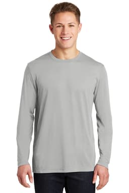 A long sleeve grey T-shirt featuring a logo on the chest area. The fabric appears smooth and casual.