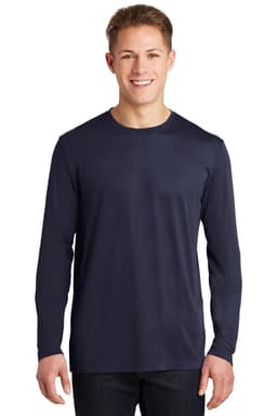 A long sleeve navy T-shirt made from cotton, featuring a logo on the chest.