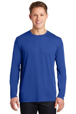 A blue long sleeve T-shirt with a crew neck, featuring a logo on the chest area.
