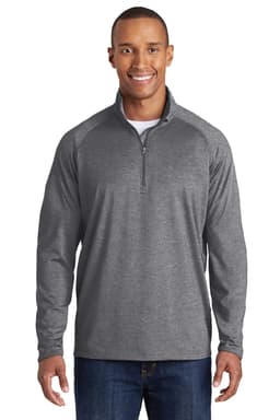 A grey Sport-Tek Sport-Wick Stretch 1/2-Zip Pullover featuring long sleeves and a zippered collar, with a logo.