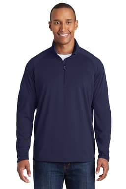 A navy long-sleeve 1/2-zip pullover made from Sport-Wick Stretch fabric, featuring a logo.