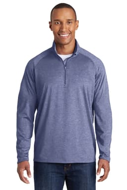 A navy blue Sport-Tek Sport-Wick Stretch 1/2-Zip Pullover with a logo, designed for comfort and mobility.