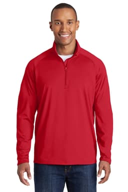 A red Sport-Tek Sport-Wick Stretch 1/2-Zip Pullover, featuring long sleeves and a front zipper, with a logo.