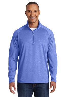 A blue Sport-Tek Sport-Wick Stretch 1/2-Zip Pullover with long sleeves and a quarter zipper. It has a logo.