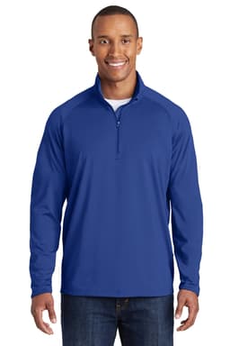 A blue Sport-Tek Sport-Wick Stretch 1/2-Zip Pullover, featuring long sleeves and a zippered neckline.