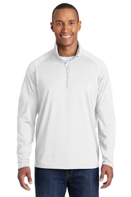 A white Sport-Tek Sport-Wick Stretch 1/2-Zip Pullover worn by a smiling model, featuring long sleeves and a logo.