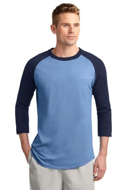 A blue and navy Sport-Tek Colourblock Raglan Jersey shirt featuring three-quarter sleeves and a logo.