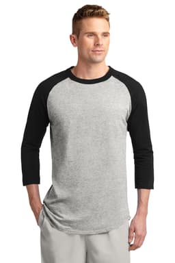 A grey and black Sport-Tek Colorblock Raglan Jersey with three-quarter sleeves and a logo on the chest.