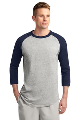 A grey and navy Sport-Tek Colourblock Raglan Jersey with long sleeves, featuring a logo.