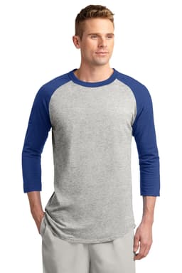 A grey and blue Sport-Tek Colourblock Raglan Jersey with three-quarter sleeves, featuring a logo on the chest.