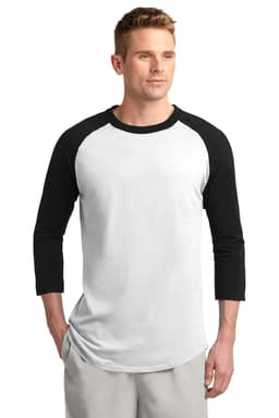 A man wearing a Sport-Tek Colourblock Raglan Jersey in white and black with three-quarter sleeves.