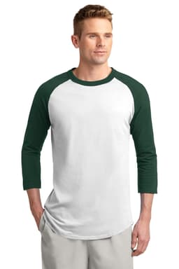 A man wearing a white and green Sport-Tek Colourblock Raglan Jersey with three-quarter sleeves and a logo.