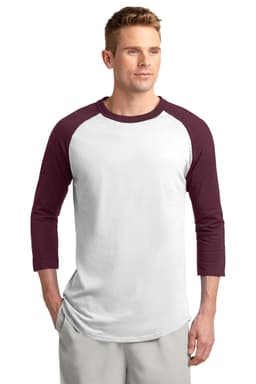 A maroon and white Sport-Tek Colourblock Raglan Jersey with three-quarter sleeves, featuring a logo.