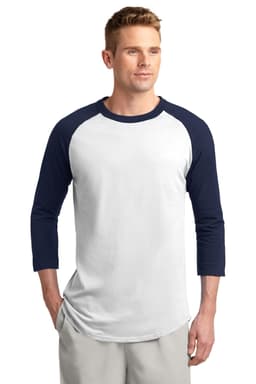 A men's three-quarter sleeve T-shirt featuring a white body and navy blue raglan sleeves, with a logo on it.