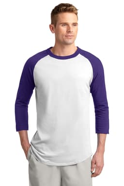 A purple and white Sport-Tek Colorblock Raglan Jersey featuring a logo, displayed by a model.