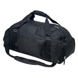 A black duffle bag with multiple compartments, carrying handles, and a shoulder strap. It has a logo.