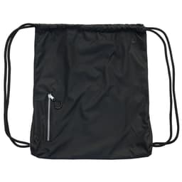 A black drawstring bag featuring a zippered pocket and a logo. Ideal for carrying small items.