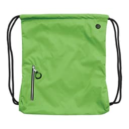 A green drawstring bag with a side zip pocket and black drawstrings, featuring a small logo.