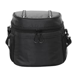 A black insulated cooler bag with zippers and mesh side pockets. It features a sleek design and has a logo.