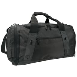A black duffle bag featuring multiple zippered compartments and a shoulder strap, with a logo on the side.