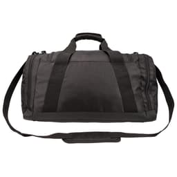 A black duffle bag with multiple straps and a padded handle, featuring a logo on the side.