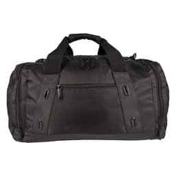 A black duffle bag featuring dual handles, front and side pockets, and a logo.