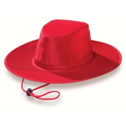 A red Poly Viscose Slouch Hat with a wide brim and an adjustable chin strap, featuring ventilation holes.