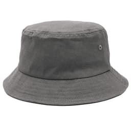 A grey bucket hat with a wide brim and a small branding logo. Ideal for casual wear.