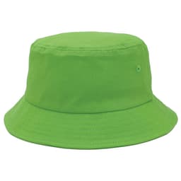 A green bucket hat with a wide brim and a simple design. It features a logo on the side.