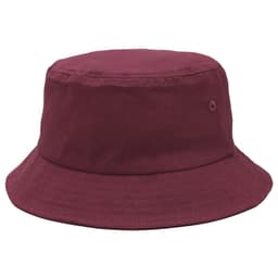 A maroon bucket hat with a wide brim and a small logo. The fabric appears smooth and durable.