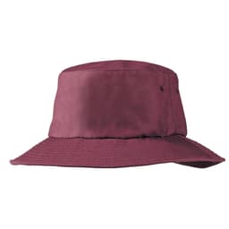 A burgundy Poly Viscose Bucket Hat with a wide brim and a logo on the side.
