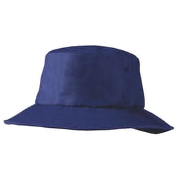A blue Poly Viscose bucket hat with a wide brim and a logo. Suitable for casual headwear.