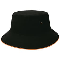 A black bucket hat with an orange trim, featuring eyelets and a logo.