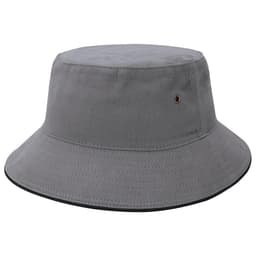 A grey bucket hat with a wide brim and a small logo detail. The material appears sturdy and textured.