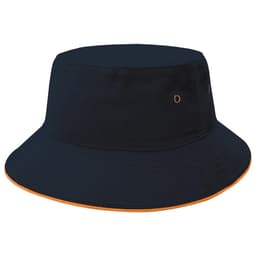 A navy bucket hat with an orange trim and eyelets, featuring a logo on the side.