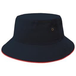 A navy bucket hat with a red trim and a logo. It features ventilation eyelets on the sides.