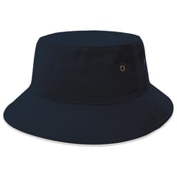 A navy blue bucket hat featuring a wide brim and a small branding logo.